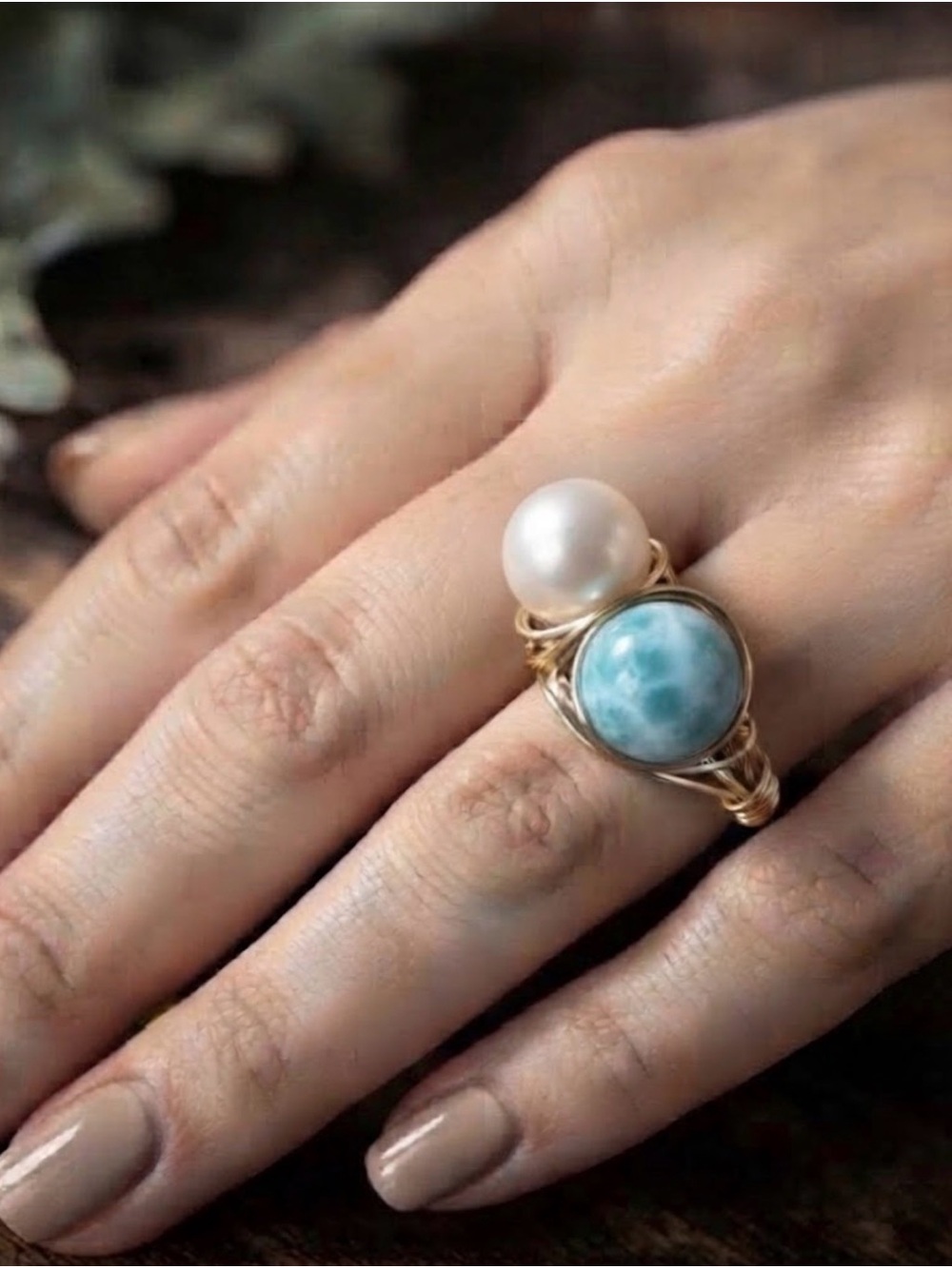 Gold Wire Ring with Blue Larimar and White Pearl